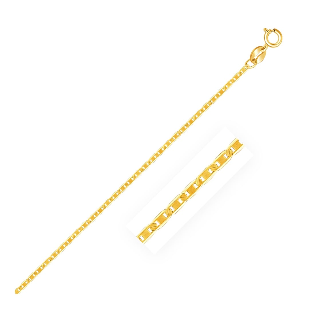 14k Gold Mariner Link Chain 1.2mm: Size: 16''. This mariner link chain comes in 14k gold and has a width of 1. 2 millimeters. Chain information: width: 0. 05 inches, chain type: mariner, approximate weight: 0. 9 gram(s).