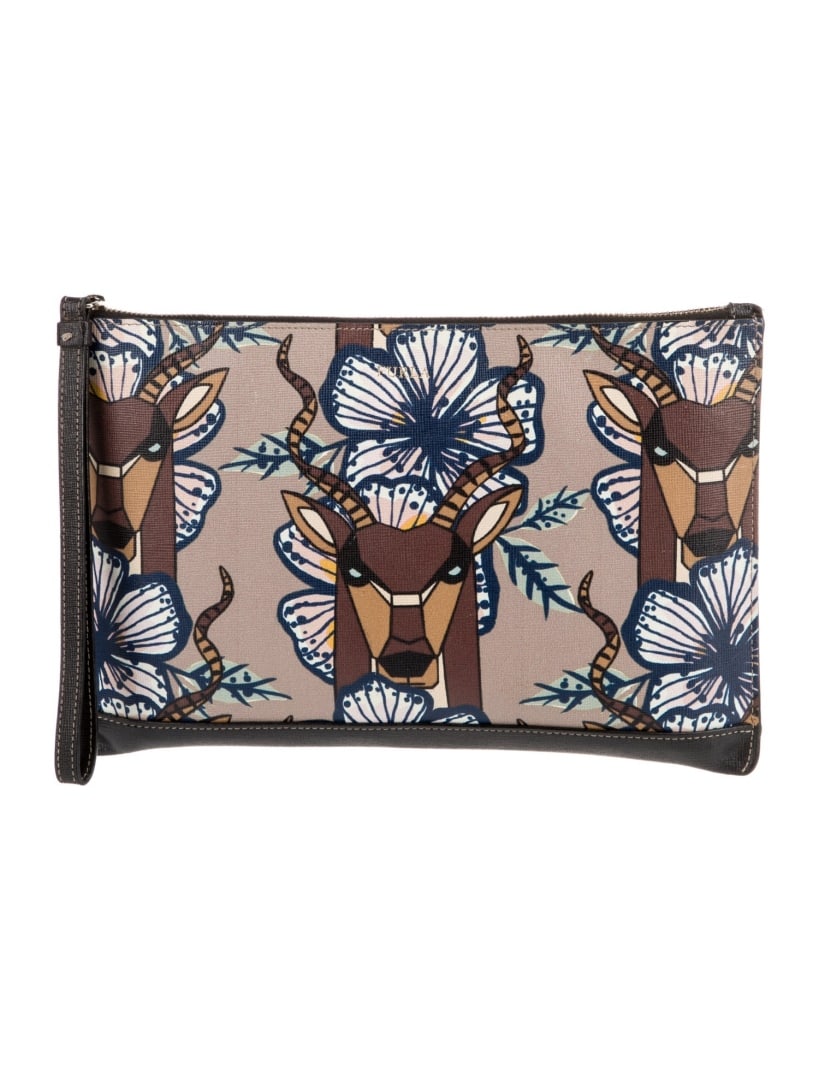 Furla Blue Saffiano Leather Floral Zip Cls Clutch: Condition is: good, pre-owned. Details: blue saffiano leather, floral print, gold-tone hardware, wrist strap, leather lining, zip closure at top, height: 7", width: 10. 75", depth: 0. 25", gender: wom
