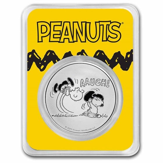 Peanuts Lucy Pulls The Football 1 Oz Silver W/ Tep: Celebrate the start of football season with the ninth release of this officially licensed and limited mintage peanuts precious metal series. It's lucy van pelt's classic football gag, which comes in t