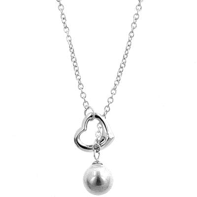 8mm Shell Pearl And Heart Drop Necklace: Length 18". This 8mm shell pearl and heart drop necklace is a simple yet stunning accessory that adds a touch of elegance and grace to any outfit. Crafted from high-quality brass plated with rhodium.