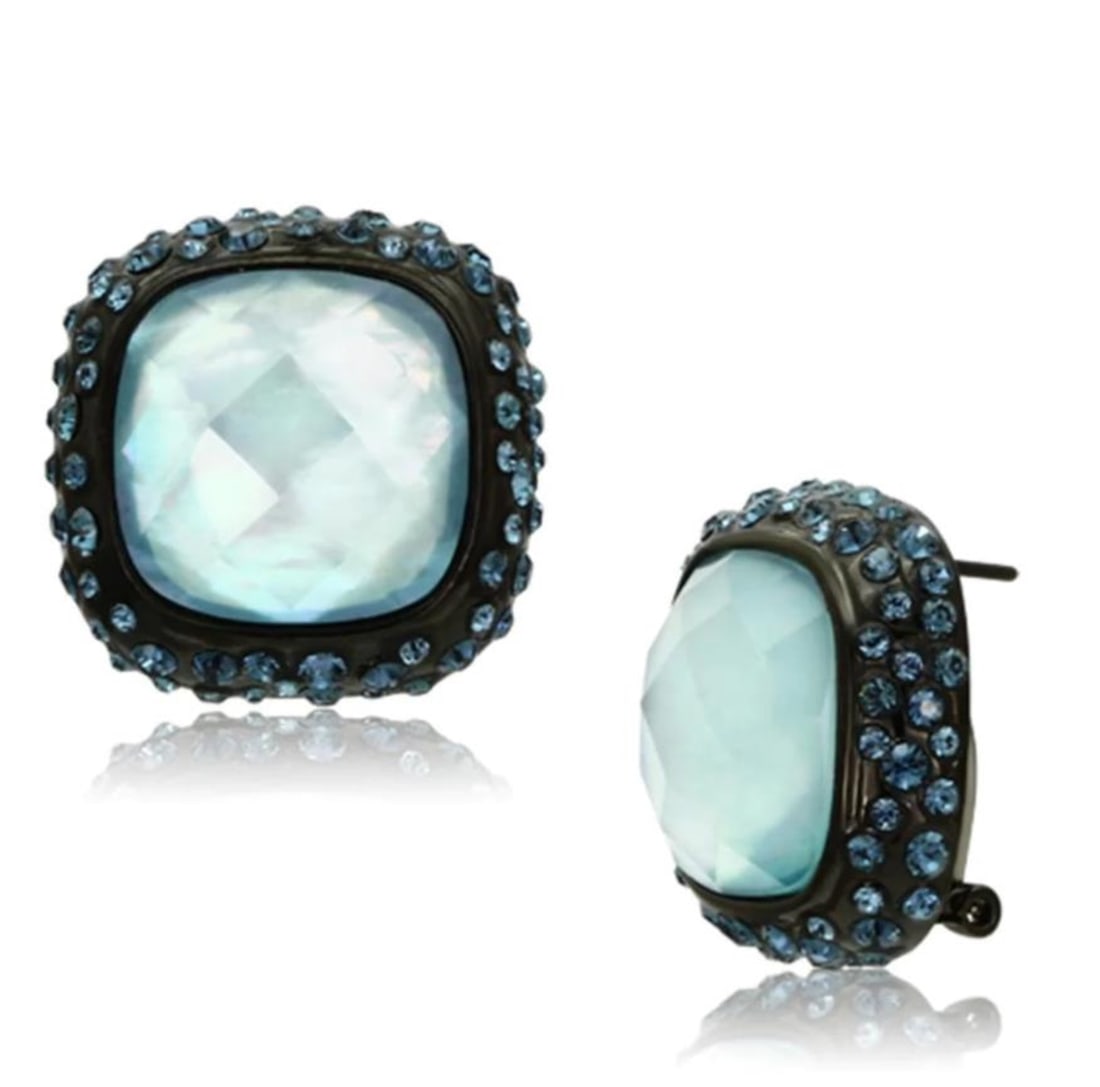 Enchanting 20.25ct Sea Blue Sapphire Earrings: Made with brass with black ion plating. Simulated gemstone(s). With a set of beautiful sea blue sapphire centerpiece. Weight (approx. ): 13. 30 (g). Center stone size: 15,15 mm. Keywords: elegant, cla