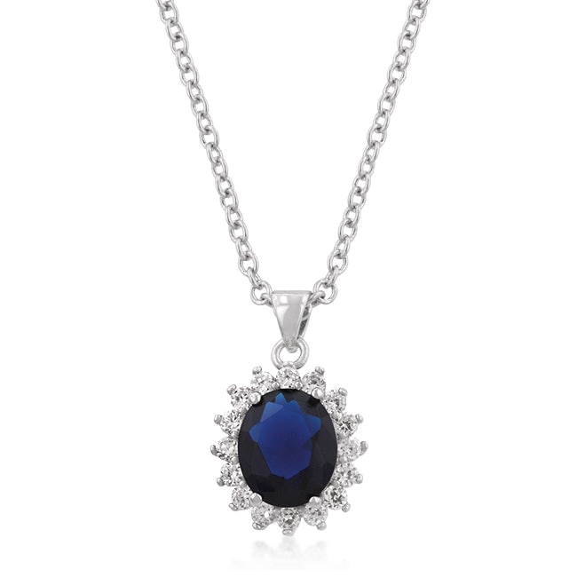 Oval 6.60ct Blue & White Sapphire Halo Necklace: Chain length: 17. 5" + 4" ext. This pendant features a 12x10 mm oval blue topaz surrounded by a halo of white topaz stones, totaling 6. 60 carats. Set in prongs and crafted from lead-free alloy (brass