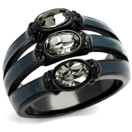 Oval 2.82ct Smoky Grey Topaz 3-stone Ring: Size 5. Made with stainless steel with black ion plating. Believed to be simulated gemstone(s). Weight (approx. ): 7. 40 (g) center stone size: 6,4 mm