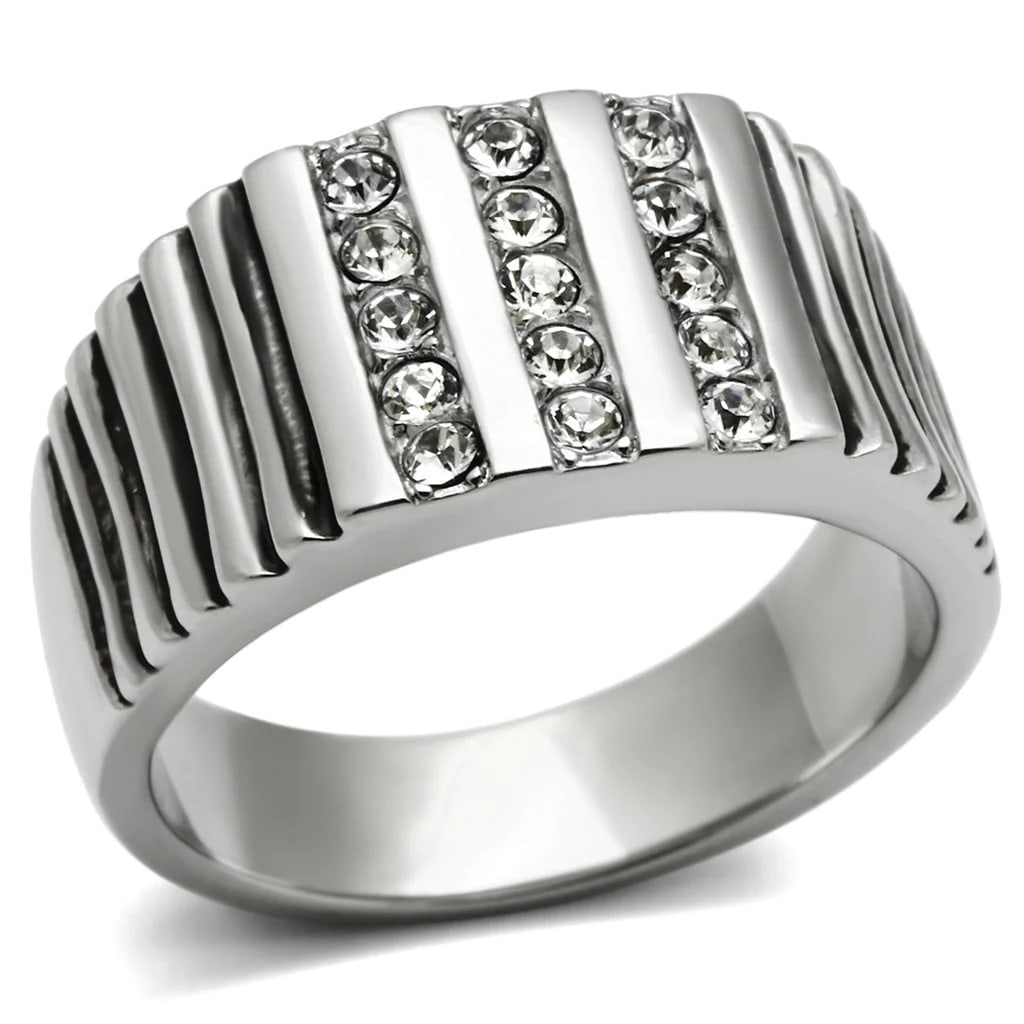 Round .45ct White Sapphire Columnar Ring: Size 8. Made with stainless steel high polished. Believed to be simulated gemstone(s). Weight (approx. ): 10. 40 (g) center stone size: 2 mm
