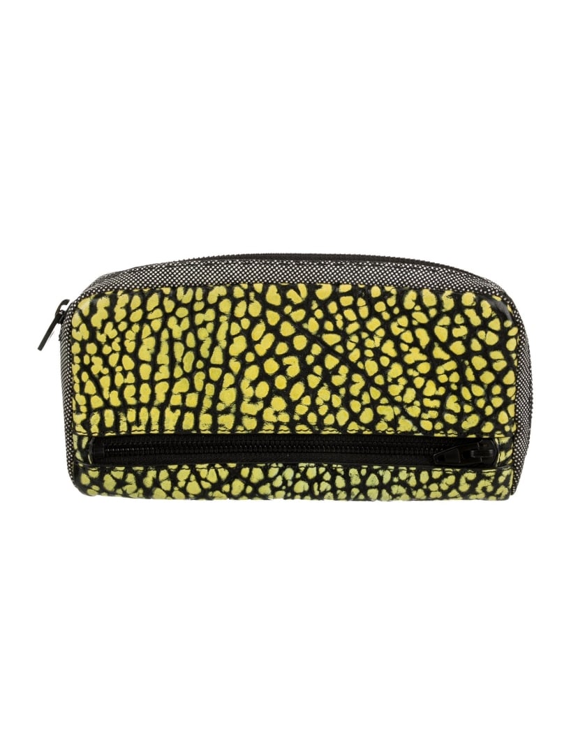 Alexander Wang Black Leather Dual Ext-pocket Cls: Condition is: very good, pre-owned. Details: black leather, printed, tonal hardware, dual exterior pockets, nylon lining & dual interior pockets with card slots, zip closure at top, includes box, heig