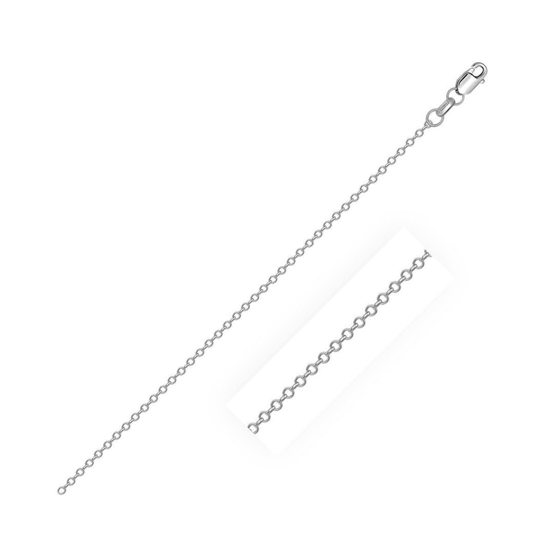 Sterling Silver High Polished Cable Chain 0.8mm: Size: 20". This rhodium-plated cable chain comes in sterling silver and has a width of 0. 8 millimeters. Chain information: width:0. 80 mm, chain type: cable, rhodium polish: yes, approximate weight: 