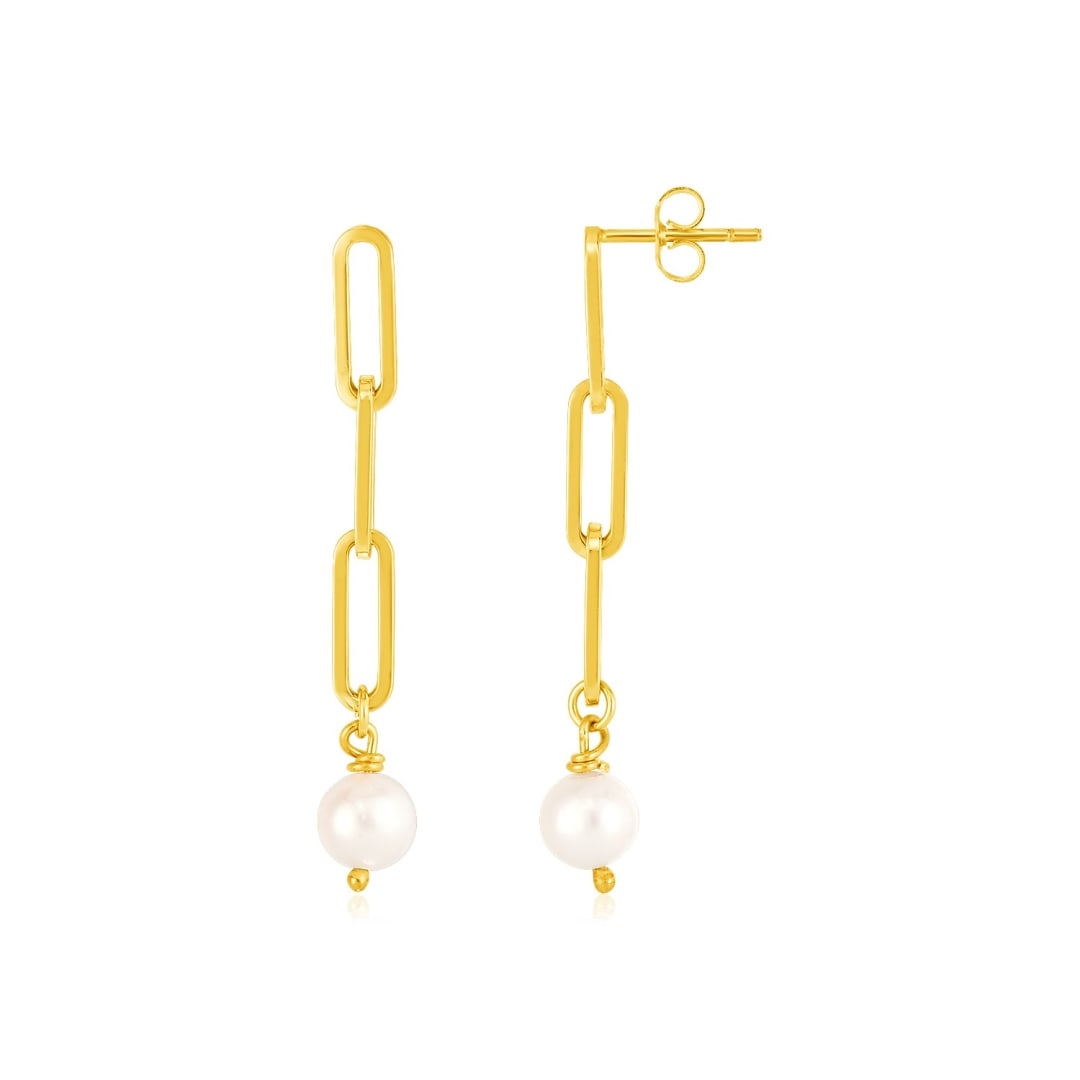 14k Gold Pearl Dangle Paperclip Link Earrings (1 of 1)