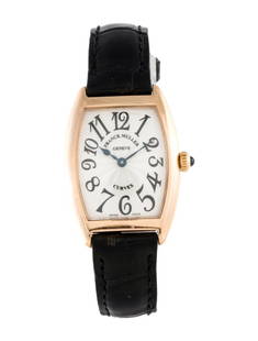 Franck Muller Cintree Curvex 18k Rg Women's 25mm: Condition is good, pre-owned. Details: silver dial, tang buckle, fits a wrist size of 6. 25" or smaller, collection: cintree curvex, serial number: 7**, movement: quartz, case shape: tonneau, case mat
