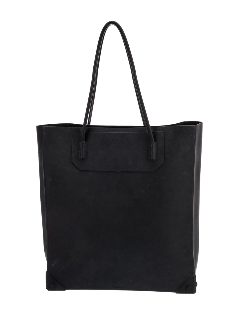 Alexander Wang Dual-strap Unlined Handles Tote: Condition is: very good, pre-owned. Details: black rubber, rolled handles & dual shoulder straps, unlined, open top, protective feet at base, includes dust bag, shoulder strap drop: 8. 25", height: 13