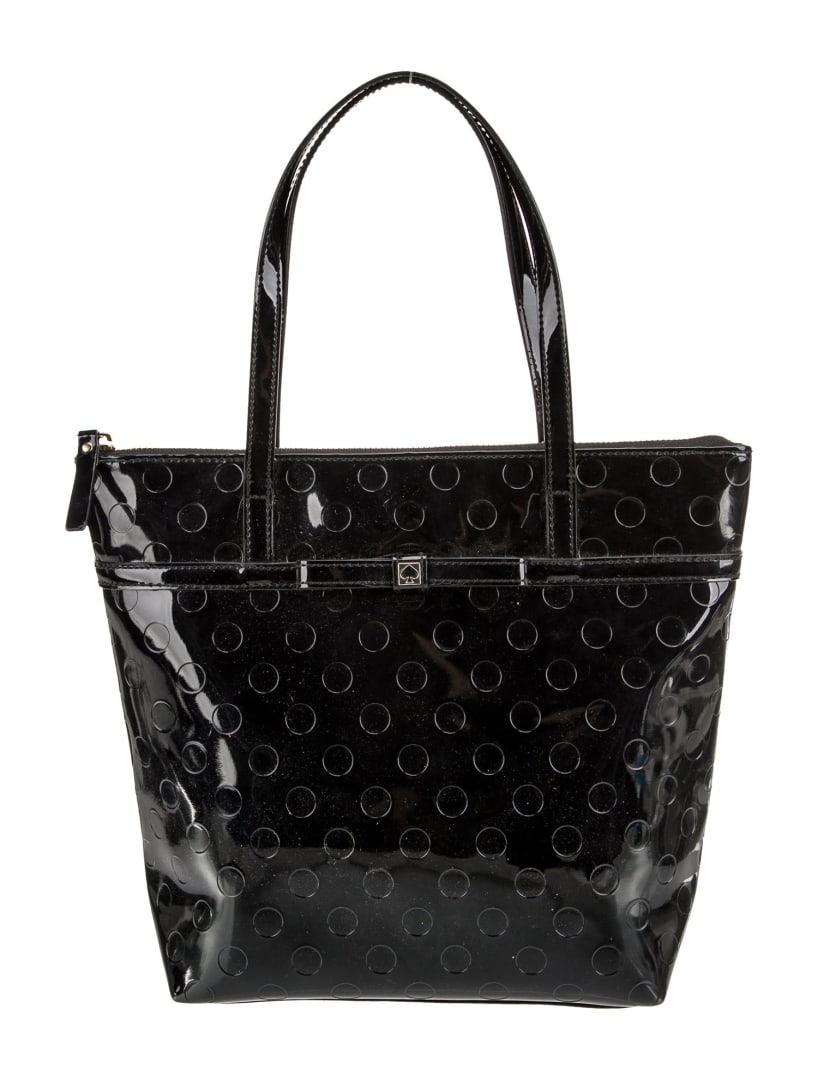 Kate Spade Black Patent Leather Bow Zip Shldr Bag: Condition is: very good, pre-owned. Details: black patent leather, gold-tone hardware, flat handles & dual shoulder straps, bow accents, logo jacquard lining & dual interior pockets, zip closure at to
