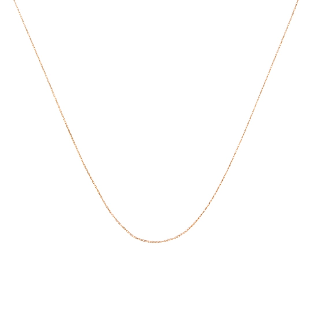 10k Gold Dainty Fine Rope Chain Necklace: Chain length: 20". This delicate rope chain is crafted from 10k rose gold, measuring 0. 5 mm in thickness for a sleek and refined look. It features a secure spring ring clasp for easy wear, making it