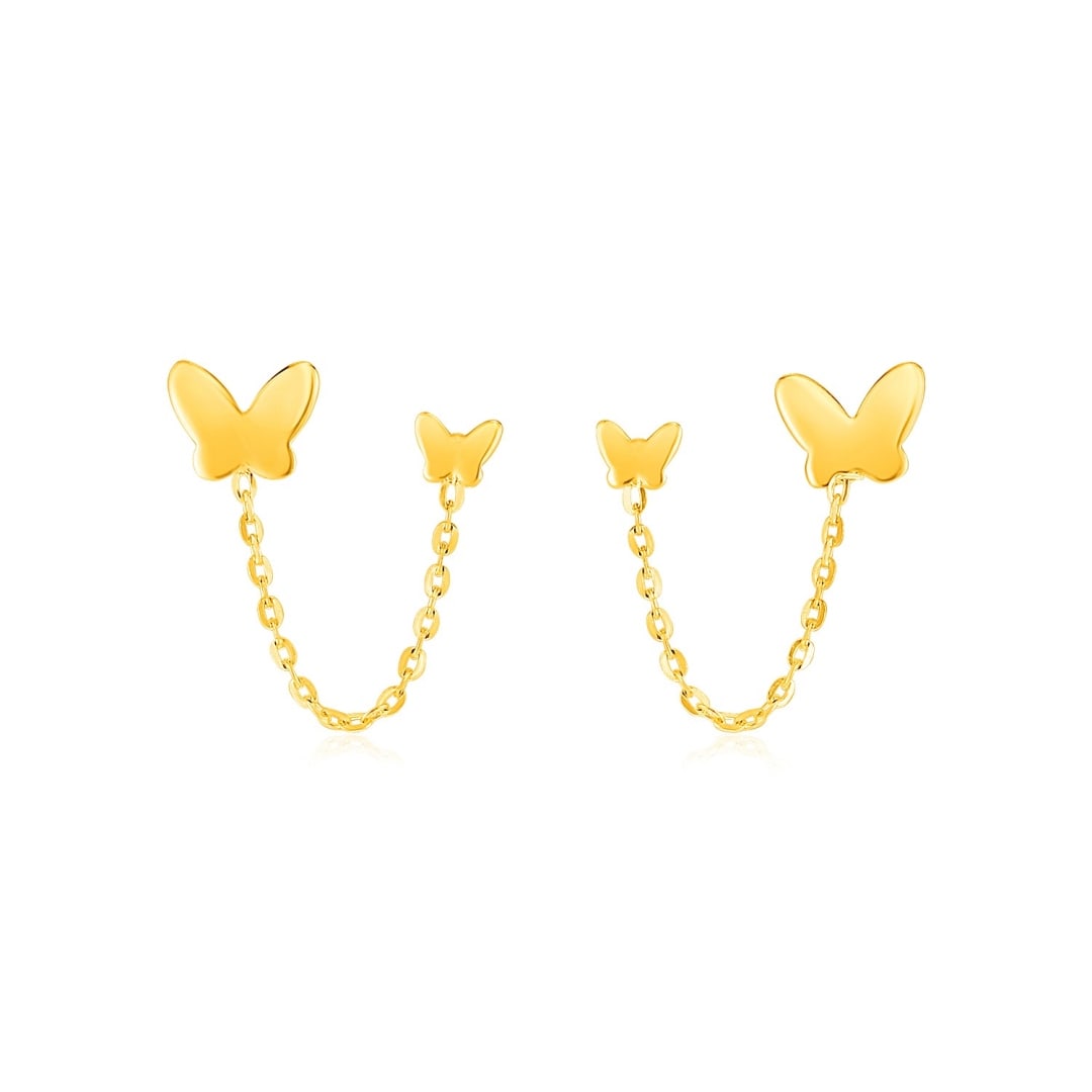 14k Gold Two Hole Post Earrings With Butterflies: Wear a beautiful pair of brilliant butterflies on each ear when you wear these gorgeous 14k gold earrings. Each earring includes two posts which are held in place by pushback clasps. Earring informati