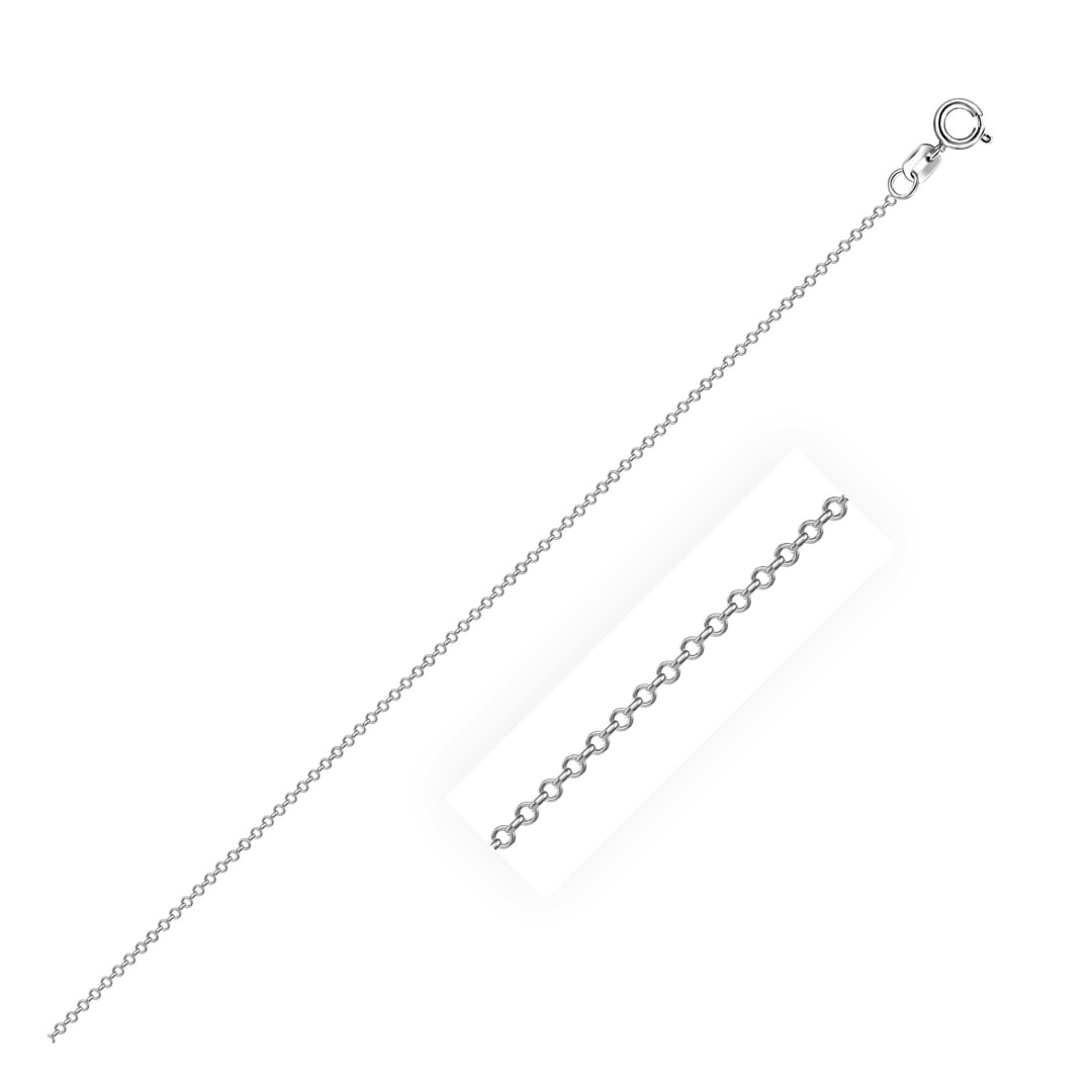 Sterling Silver High Polished Cable Chain 0.6mm: Size: 18". This rhodium-plated cable chain comes in sterling silver and has a width of 0. 6 millimeters. Chain information: chain type: cable, rhodium polish: yes, approximate weight: 1. 2 gram(s)