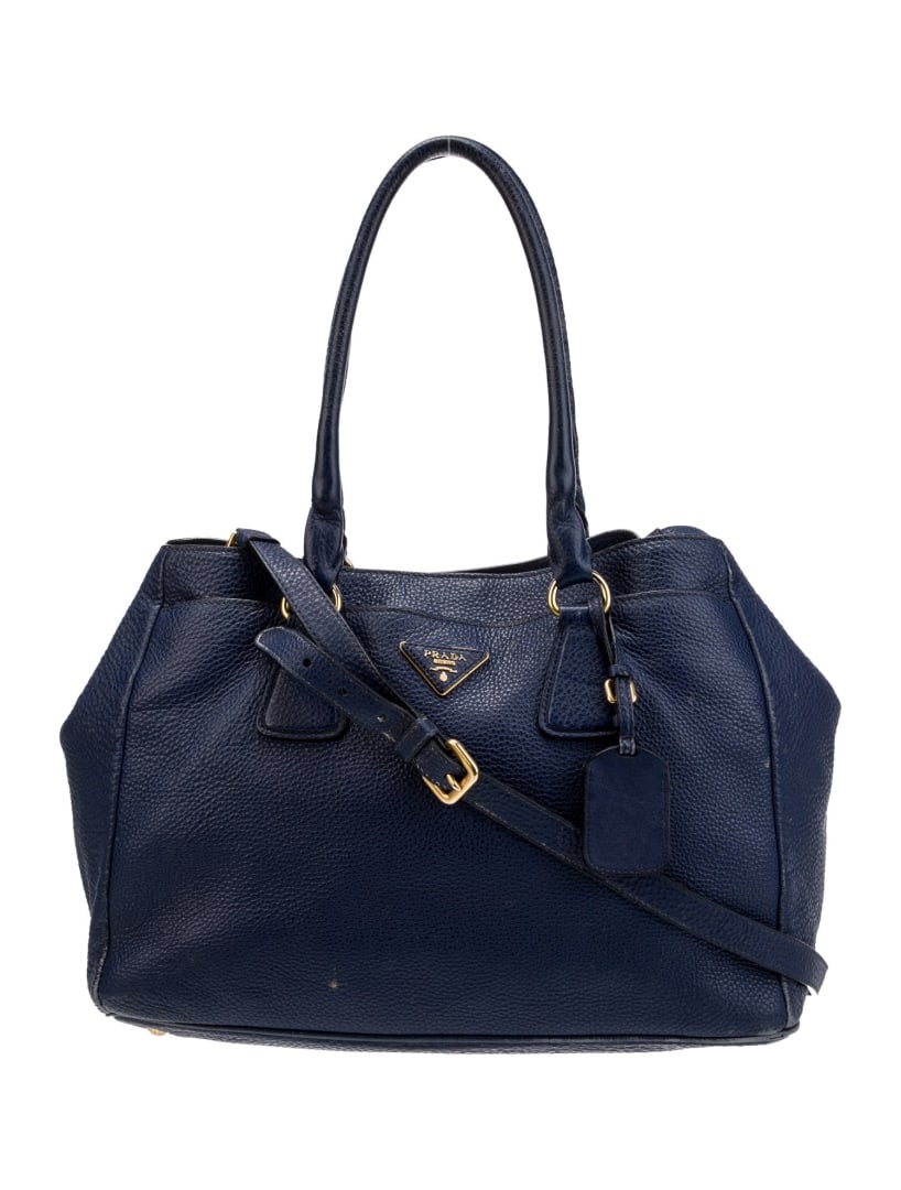 Prada Logo Nero Vitello Daino Leather Shldr Bag: Condition is: good, pre-owned. Details: by miuccia prada, nero vitello daino leather, enameled metal triangle, gold-tone hardware, rolled handles & single adjustable shoulder strap, dual exterior pock