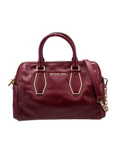 Michael Kors Burgundy Leather Zip Cls Top Hdl Bag: Condition is: good, pre-owned. Details: burgundy leather, gold-tone hardware, logo jacquard lining, zip closure at top, height: 9", width: 10. 5", depth: 4", gender: women. Condition: moderate discolo