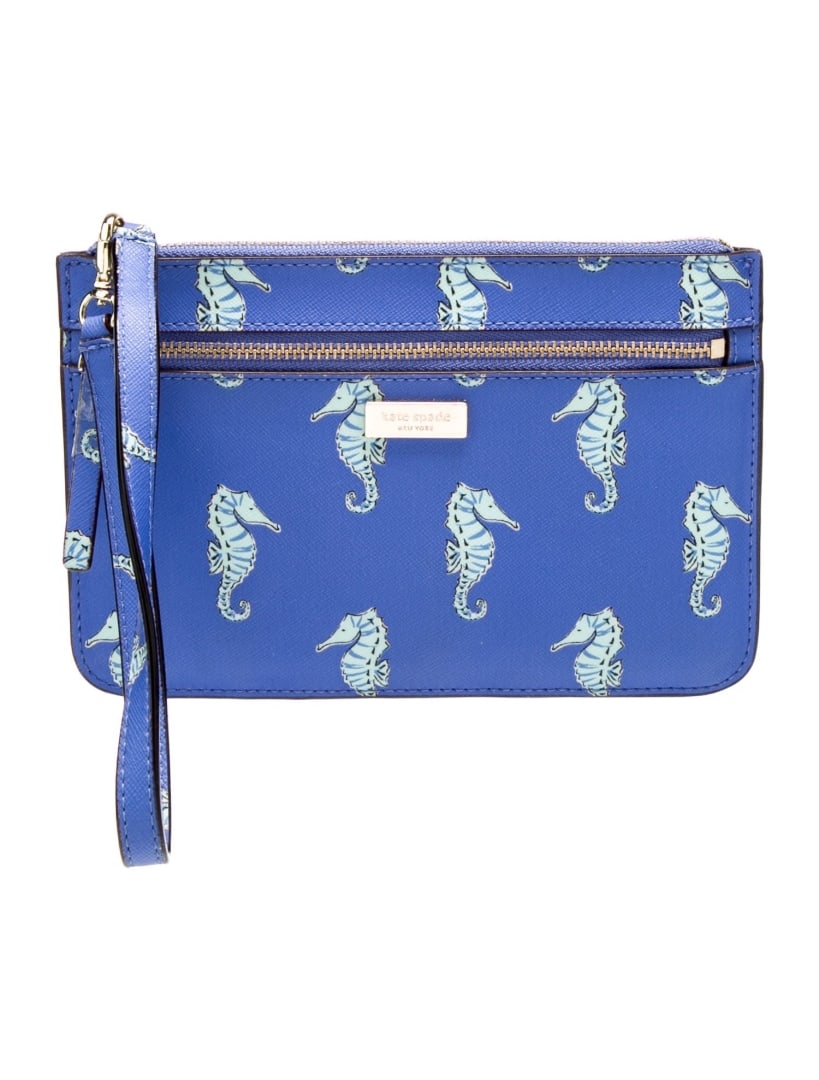 Kate Spade Blue Printed Gold-tone Hdw Zip Clutch: Condition is: very good, pre-owned. Details: blue, printed, gold-tone hardware, wrist strap, single exterior pocket, logo jacquard lining with card slots, zip closure at top, handle drop: 5. 75", heig