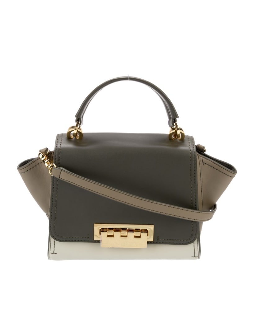 Zac Posen Green Leather Turn-lock Cls Top Hdl Bag: Condition is: very good, pre-owned. Details: green leather, gold-tone hardware, flat handle & single shoulder strap, single exterior pocket, grosgrain lining & dual interior pockets, turn-lock closure
