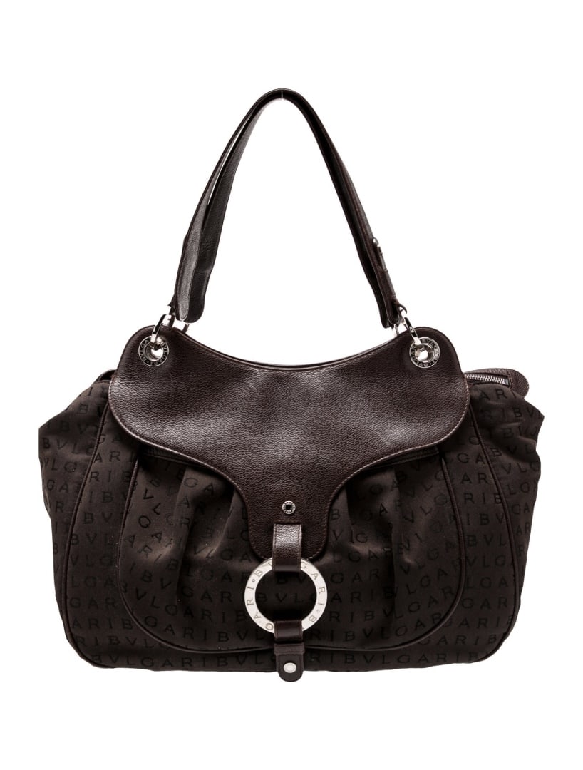 Bvlgari Brown Canvas Zip Cls Shoulder Bag: Condition is: good, pre-owned. Details: brown canvas, silver-tone hardware, dual shoulder straps, nylon lining & single interior pocket, zip closure at top, shoulder strap drop: 8. 75", height: 10. 25