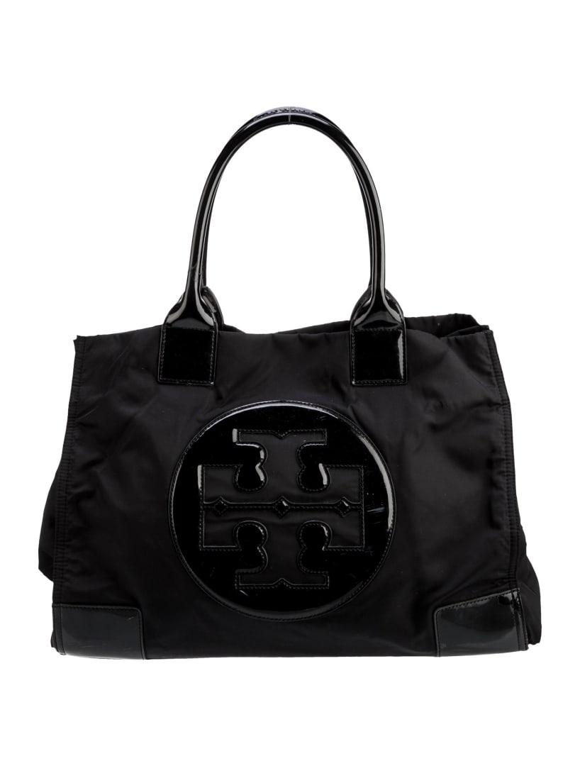 Tory Burch Logo Patent Leather Blk Nylon Snap Tote (1 of 5)