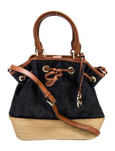 Michael Kors Blue Denim Snap Cls Top Hdl Bag: Condition is: good, pre-owned. Details: blue denim, color block pattern, gold-tone hardware, rolled handles & single adjustable shoulder strap, leather trim embellishment, logo jacquard lining & five