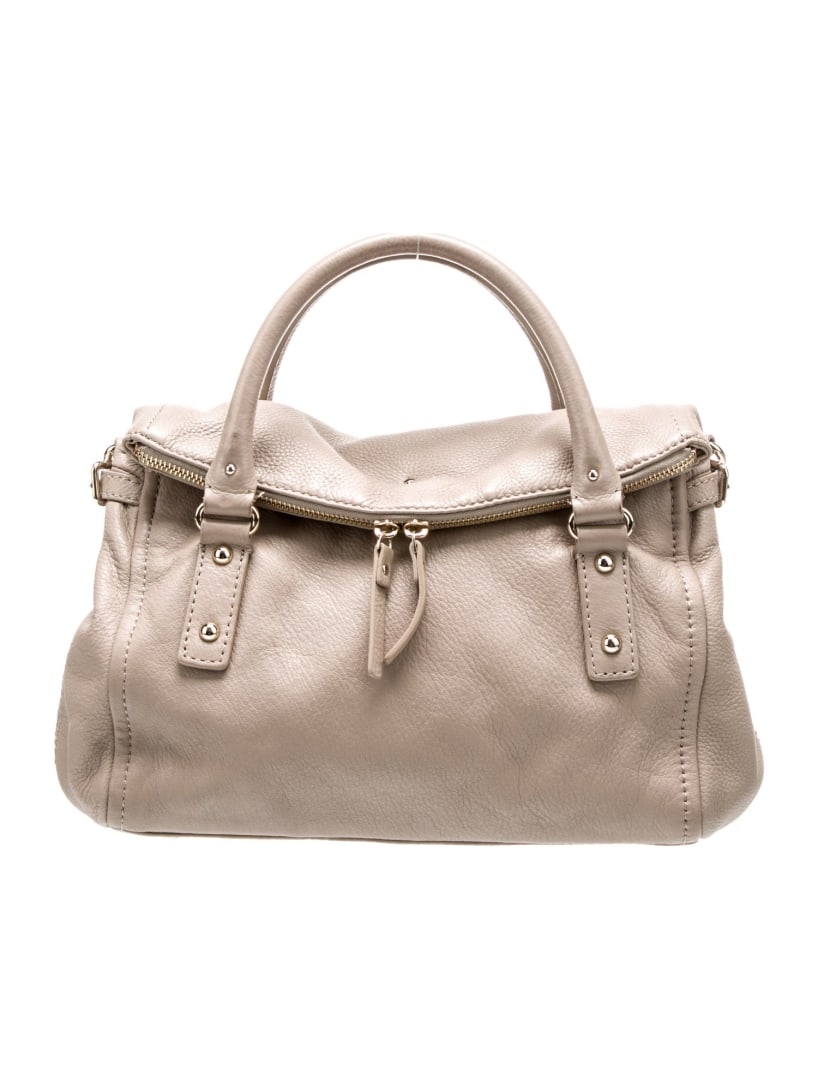 Kate Spade Neutrals Leather Snap Cls Top Hdl Bag: Condition is: very good, pre-owned. Details: neutrals leather, gold-tone hardware, rolled handles & single adjustable shoulder strap, single exterior pocket, jacquard lining, snap closure at front, pr