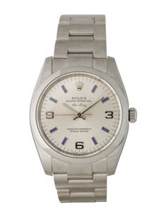 Rolex Oyster Perpetual Air-king Men's Watch 34mm: Condition is good, pre-owned. Details: silver dial, oyster bracelet with deployant clasp, wrist size of 6. 5" or smaller. Collection: oyster perpetual, model name: air-king, serial number: g1*****,