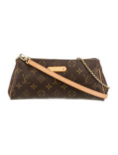 Louis Vuitton Canvas Eva Pochette Crossbody Bag: Condition is: good, pre-owned. Details: from the 2012 collection, brown coated canvas, monogram pattern, brass hardware, leather trim, chain-link handle & single shoulder strap, leather & chain-link