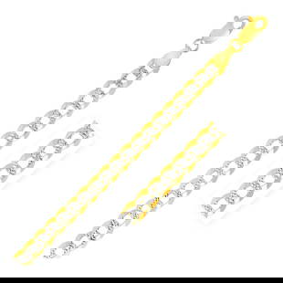 14k Two Tone Gold Pave Curb Bracelet: Chain length: 8. 5''. This pave curb bracelet comes in 14k two tone gold and has a width of 4. 7 millimeters. Secured with a lobster clasp. Bracelet information: width: 0. 19 inches, chain type: