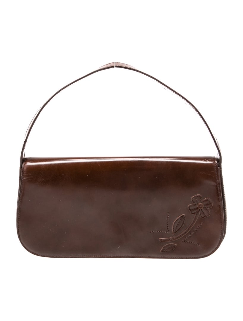 Prada Spazzolato Tabacco Leather Emb Shldr Bag: Condition is: good, pre-owned. Details: from the 1996 collection by miuccia prada, vintage, tabacco spazzolato leather, silver-tone hardware, single shoulder strap, embroidered accent, logo jacquard l