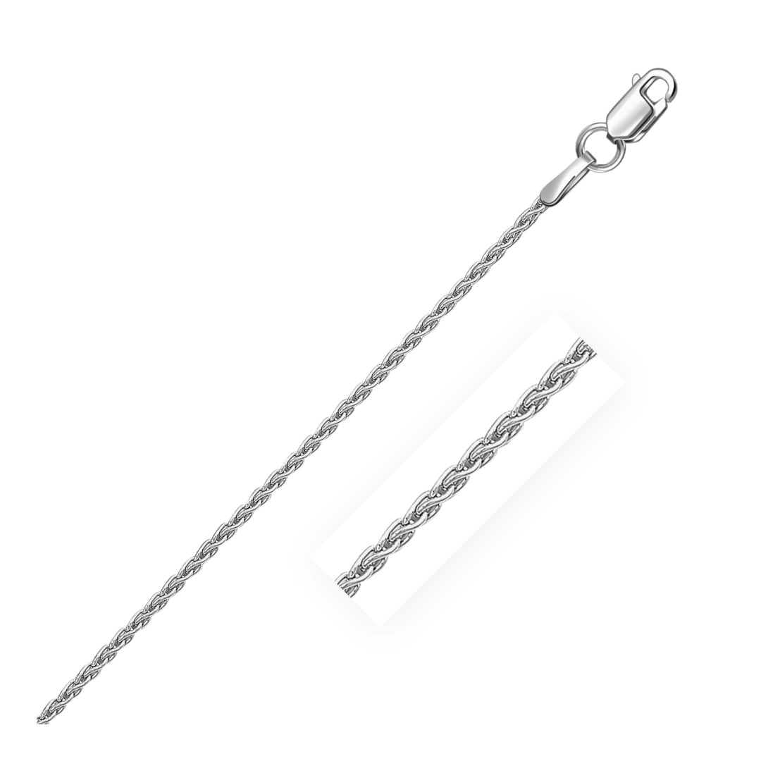Sterling Silver High Polished Wheat Chain 1.3mm: Size: 18''. This rhodium-plated wheat chain comes in sterling silver and has a width of 1. 3 millimeters. Chain information: width: 0. 05 inches, chain type: wheat, rhodium polish: yes, approximate we