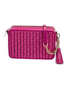 Michael Kors Pink Striped Zip Crossbody Bag: Condition is: very good, pre-owned. Details: pink, striped, gold-tone hardware, single adjustable shoulder strap, logo jacquard lining & dual interior pockets, zip closure at top, shoulder strap drop: