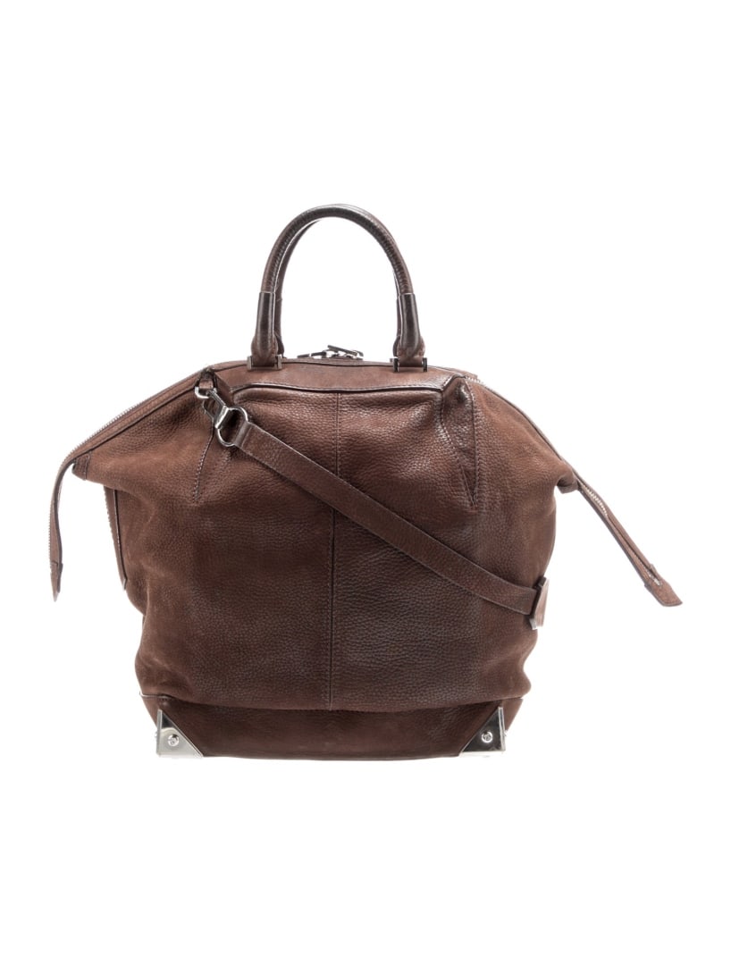 Alexander Wang Brown Leather Silver-tone Hdw Tote: Condition is: good, pre-owned. Details: brown leather, silver-tone hardware, rolled handles & single adjustable shoulder strap, suede lining & single interior pocket, zip closure at top, protective fe