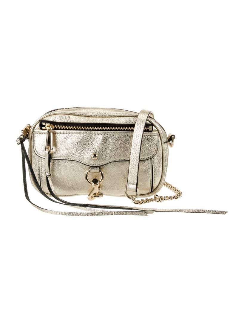 Rebecca Minkoff Gold & Metallic Leather Belt Bag: Condition is: very good, pre-owned. Details: gold & metallic leather, gold-tone hardware, chain-link shoulder strap, three exterior pockets, twill lining & single interior pocket with card slots, zip