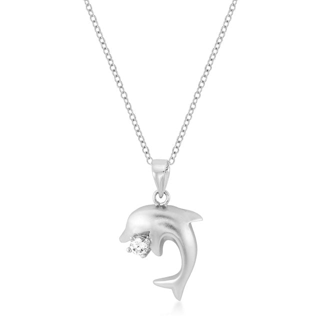 Round .15ct White Sapphire Dolphin Necklace: Chain length: 16" + 2" ext. This charming dolphin pendant features a 3. 5-mm round white sapphire, totaling 0. 15 carats, set in prongs. Crafted from lead-free alloy (brass) with a matte silvertone fi