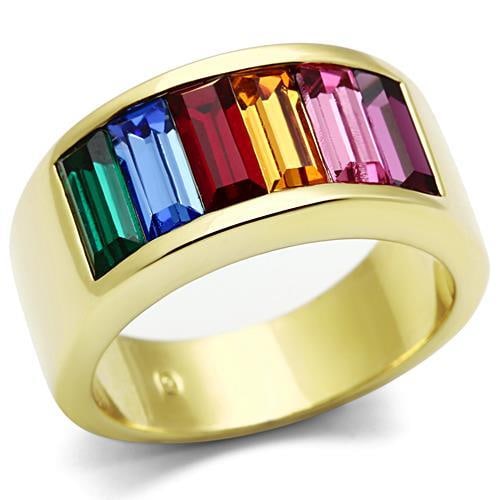 Glamorous 5.40ct Multi-gemstone Ring: Ring size: 9. Made with stainless steel, plated with gold ip. This exquisite ring features a beautifully tapered band that adds a touch of sophistication to any outfit. The highlight of this ring is i