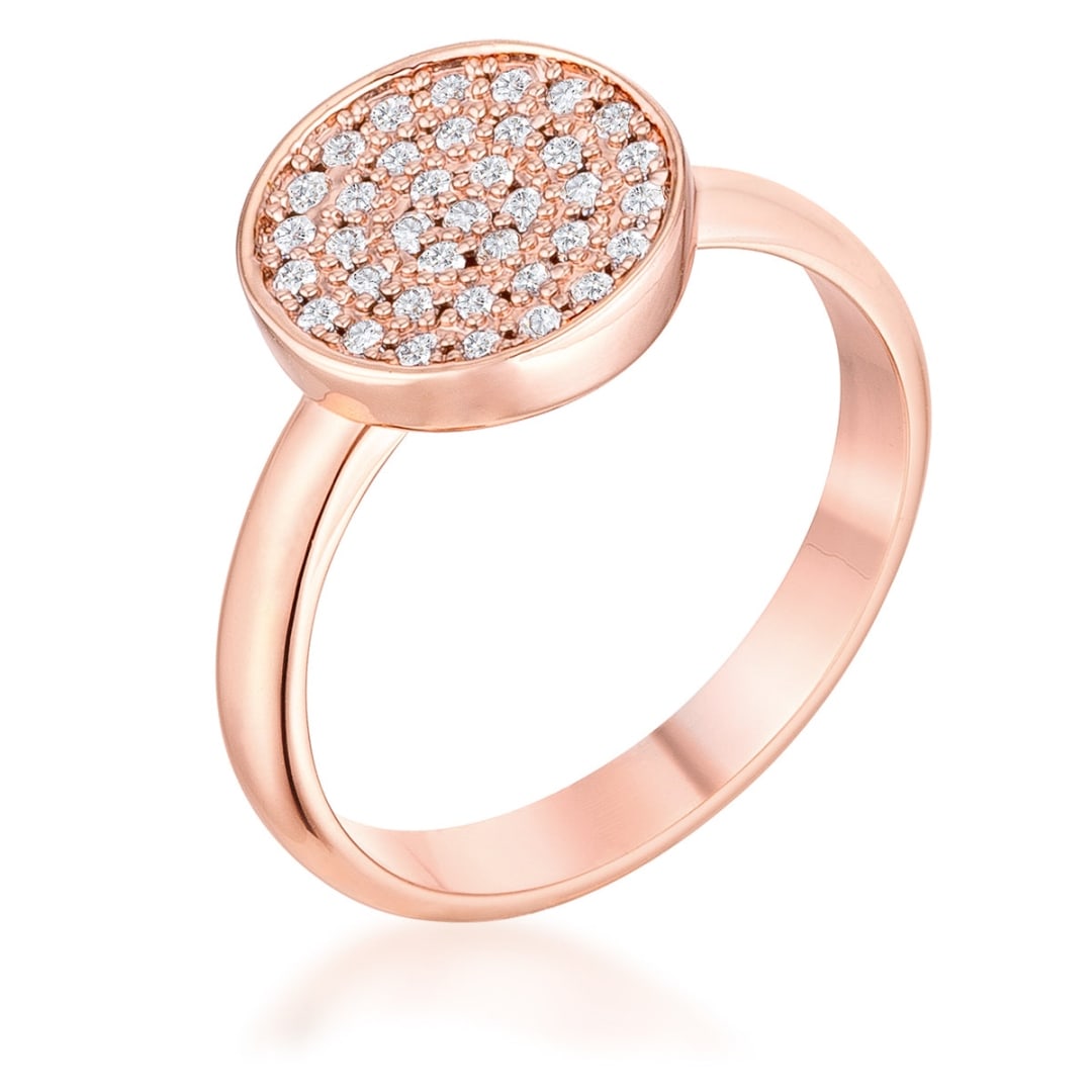 Gold-pl. .20ct Pave White Sapphire Circle Ring: Ring size: 8. This circle-style ring features small white sapphire accents, set in a pave setting. The band width is 3mm, crafted from lead-free alloy (brass) with a rose gold plating for a luxurious