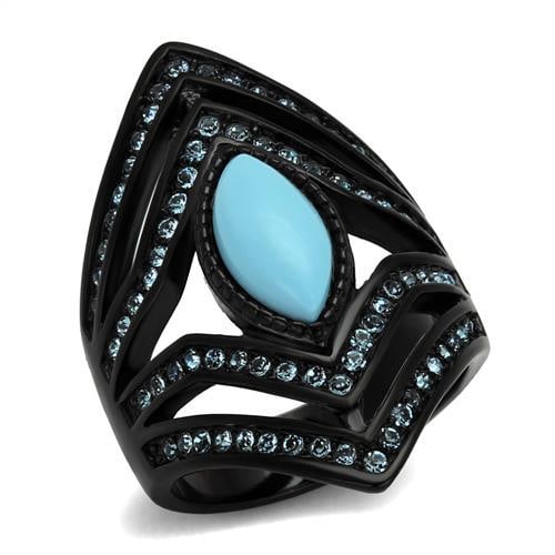 Beautiful 1.69ct Turquoise & Blue Topaz Ring: Size 5. Made with stainless steel with black ion plating. Weight (approx): 10. 99 (g) center stone size: 12,6 mm