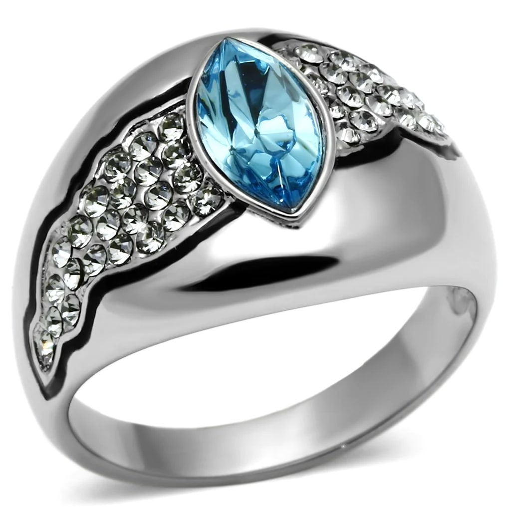 Marquis 1.00ct Sea Blue Sapphire And Pave Ring: Size 5. Made with stainless steel high polished. Has a sea blue sapphire centerpiece with patterned pave print design. Believed to be simulated gemstone(s). Weight (approx): 4. 40 (g). Center stone si