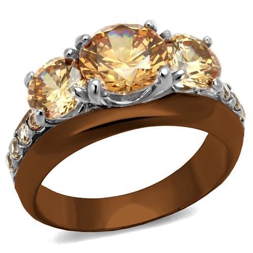 Stylish 2.75ct Champagne Sapphire Coffee Tone Ring: Size 5. Made with stainless steel, finish: two tone ip light brown (ip light coffee) believed to be simulated gemstone(s), very pretty! Weight (approx): 4. 79 (g) center stone size: 8 mm