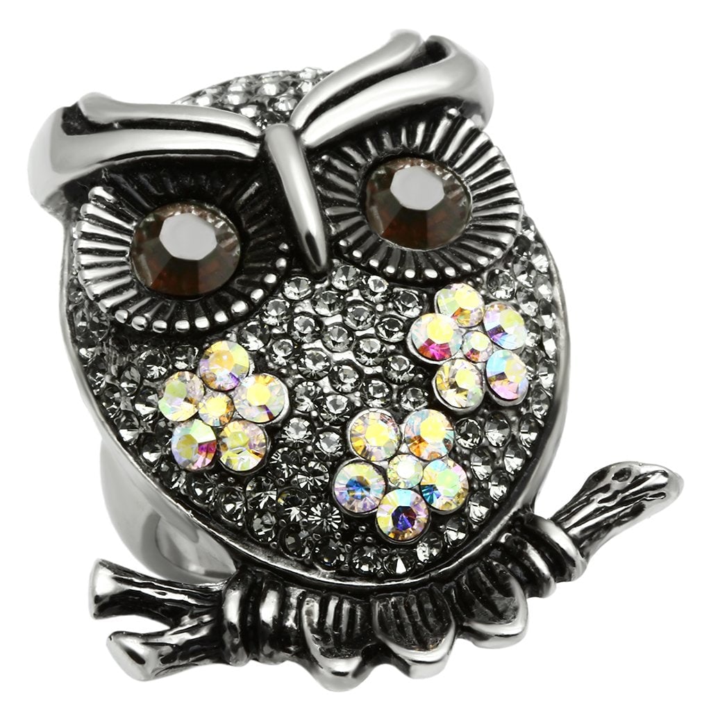 Enchanting 3.18ct Multi-stone Owl Cocktail Ring: Ring size: 10. Made with high-polished stainless steel. This ring features an enchanting owl design. The eyes of the owl are mesmerizing 5. 5mm round-cut smoked quartz, exuding a captivating allure. T