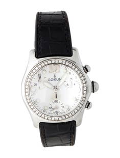 Corum Bubble Mop Dial Qtz Women's 35mm: Condition is good, pre-owned. Details: mother of pearl dial, butterfly clasp, fits a wrist size of 5. 25" or smaller, collection: bubble, serial number: 74****, movement: quartz, complications: date,