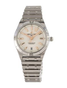 Breitling Chronomat White Dial Auto Women's 36mm: Condition is good, pre-owned. Details: white dial, butterfly clasp, fits a wrist size of 7" or smaller, collection: chronomat, serial number: 65*****, movement: automatic, complications: date, case sh