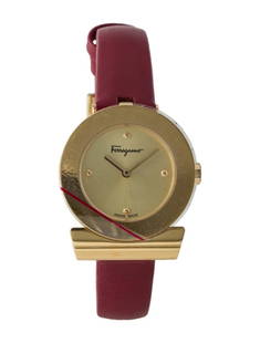 Salvatore Ferragamo Gancino Gold Dial Women's 27mm: Condition is pristine, pre-owned. Details: gold dial, tang buckle, fits a wrist size of 6" or smaller, collection: gancino, serial number: 10**********, movement: quartz, case shape: round, case mater