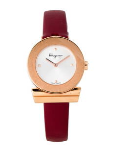 Salvatore Ferragamo Gancino Women's Slvr Dial 27mm: Condition is pristine, pre-owned. Details: silver dial, tang buckle, fits a wrist size of 6" or smaller, collection: gancino, serial number: 12*************, movement: quartz, case shape: round, case