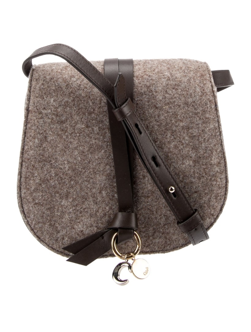 Chloe Brown Wool Gold-tone Hdw Snap Messenger Bag: Condition is excellent, pre-owned. Details: brown wool, gold-tone hardware, leather trim, single adjustable shoulder strap, leather trim embellishment & single exterior pocket, unlined & single interi