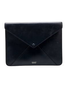 Giorgio Armani Blue Lthr Gold-tone Hdw Portfolio: Condition is: very good, pre-owned. Details: blue leather, gold-tone hardware, nylon lining, snap closure at front, height: 8", width: 10. 25", depth: 0. 25", gender: women. Condition: minor fading at