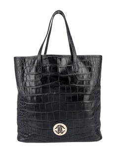 Roberto Cavalli Animal Print Gold-tone Hdw Tote: Condition is: good, pre-owned. Details: black leather, animal print, gold-tone hardware, canvas lining, snap closure at top, handle drop: 7", height: 13. 25", width: 16", depth: 4. 75", gender: women.