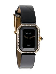 Chanel Premiere 18k Gold Qtz Women's 20mm: Condition is very good, pre-owned. Details: black dial, foldover clasp, fits a wrist size of 5. 5" or smaller, collection: premiere, serial number: rm*****, movement: quartz, case shape: octagonal, ca