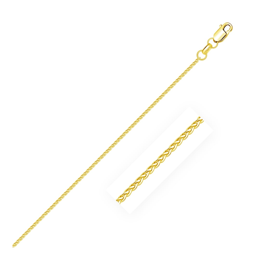 14k Gold Diamond Cut Round Wheat Chain 1.2mm: Size: 18". This diamond cut round wheat chain comes in 14k gold and has a width of 1. 2 mm. Chain information: width: 0. 04 inches, chain type: wheat, clasp type: lobster-claw, approximate weight: 2.