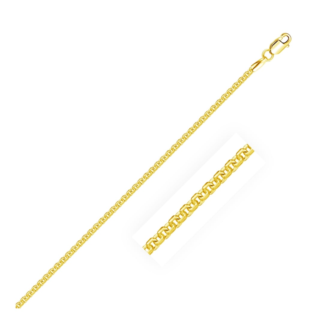 14k Gold Round Box Chain: Chain length: 24". This round box chain comes in 14k yellow gold and has a width of 1. 7 millimeters. Chain information: width: 0. 07 inches, chain type: box, clasp type: lobster-claw, metal: 14k yell